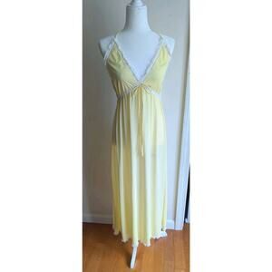 Vintage Sheer Yellow Mesh & Lace Plunge Maxi Dress Medium Fairy Coquette